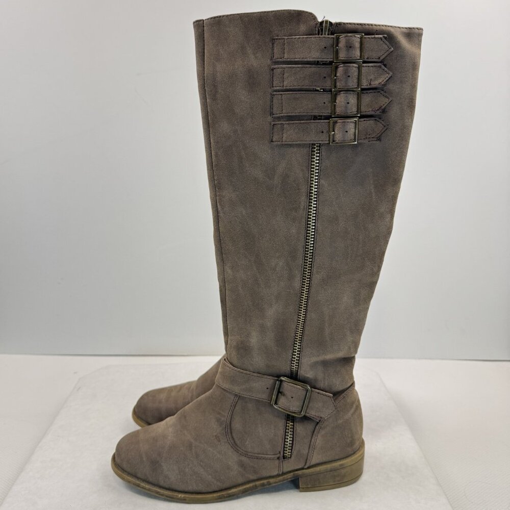 Vanity Womens Size 6.5 Brown Knee High Riding Boots Faux Leather Buckle Zipper